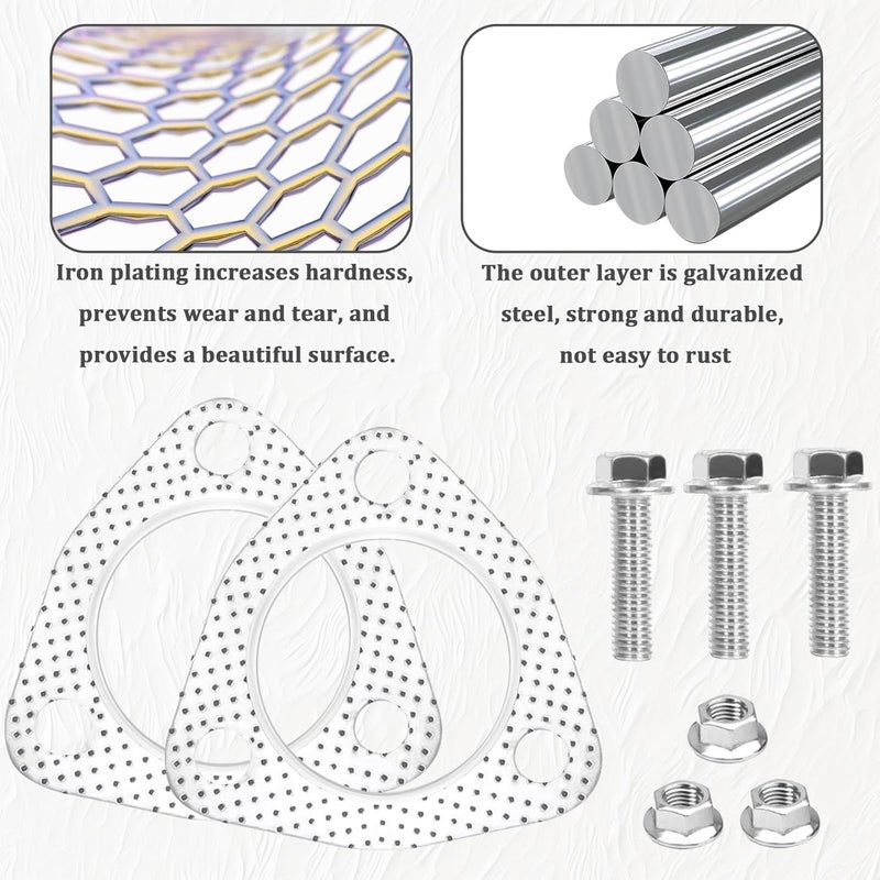 vvag 2PCS Exhaust Gasket Set 2.0" Triangular 3 Holes Exhaust Flange Gasket with 3PCS Exhaust Bolts, Universal Exhaust Manifold Gasket Car Accessories for Most Cars,Trucks,SUVs(2 Inches) - Image 3